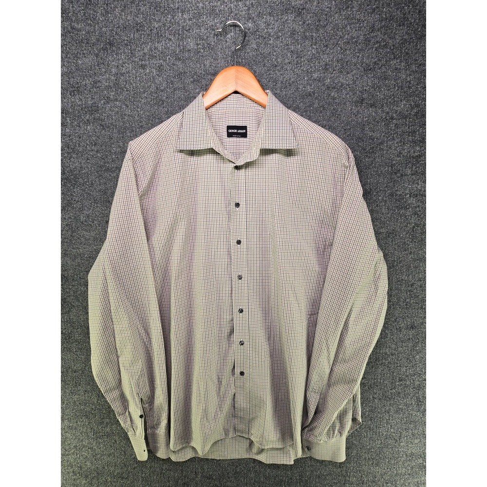 Giorgio Armani Mens Micro Check Button Down Shirt Tan Blue Brown 43 17 Italy